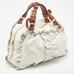 Etro White/Brown Leather Ruffle Zip Satchel