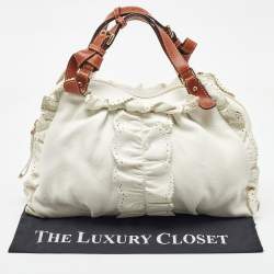 Etro White/Brown Leather Ruffle Zip Satchel