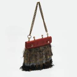 Etro Brick Brown/Gold Leather Beaded Fringe Shoulder Bag