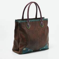 Etro Multicolor Paisley Print Coated Canvas and Croc Embossed Leather Tote