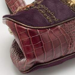 Pre Owned Etro Purple Calfhair and Croc Embossed Leather Embellished Frame Satchel