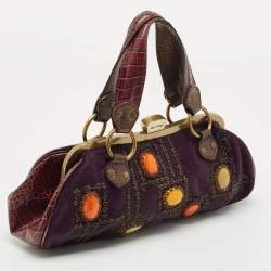 Pre Owned Etro Purple Calfhair and Croc Embossed Leather Embellished Frame Satchel
