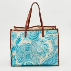 Pre Owned حقيبة تسوق إيترو جلد وقماش كانفاس بطبعة بيزلي أزرق/أبيض