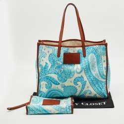 Pre Owned حقيبة تسوق إيترو جلد وقماش كانفاس بطبعة بيزلي أزرق/أبيض