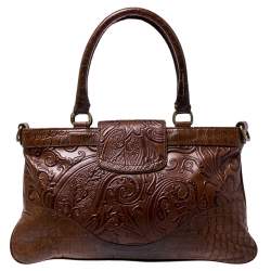 Etro Brown Paisley Embossed Leather Turnlock Shoulder Bag