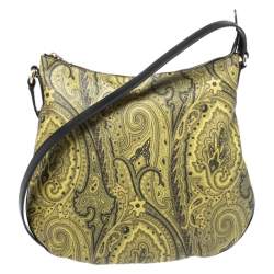 Pre Owned Etro Green/Yellow Paisley Print Coated Canvas and Leather Crossbody Bag