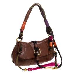 Pre Owned Etro Brown Leather Braided Handle Tassel Shoulder Bag