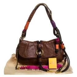 Pre Owned Etro Brown Leather Braided Handle Tassel Shoulder Bag