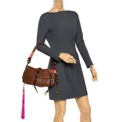 Pre Owned Etro Brown Leather Braided Handle Tassel Shoulder Bag