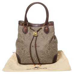 Etro Brown/Beige Printed Jacquard Fabric and Leather Drawstring Bag