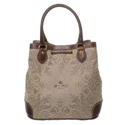 Etro Brown/Beige Printed Jacquard Fabric and Leather Drawstring Bag