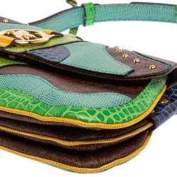 Etro Multicolor Paisley Print Coated Canvas and Exotic Embossed Leather Flap Shoulder Bag