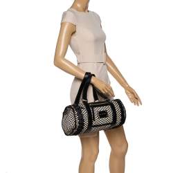 Pre Owned Etro Black/Beige Woven Straw and Leather Boston Bag
