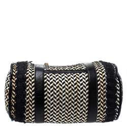 Pre Owned Etro Black/Beige Woven Straw and Leather Boston Bag