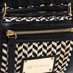 Pre Owned Etro Black/Beige Woven Straw and Leather Boston Bag