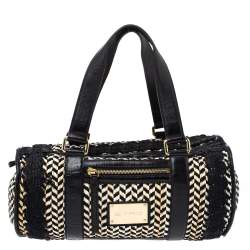 Pre Owned Etro Black/Beige Woven Straw and Leather Boston Bag