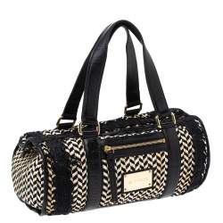 Pre Owned Etro Black/Beige Woven Straw and Leather Boston Bag