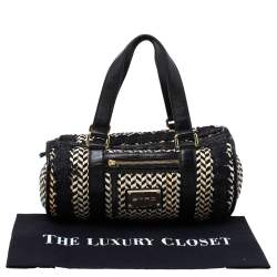 Pre Owned Etro Black/Beige Woven Straw and Leather Boston Bag