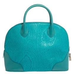 Pre Owned Etro Blue Paisley Embossed Leather Satchel