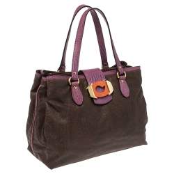 مملوكة مسبقًا Etro Brown/Purple Paisley Printed Canvas and Lizard Embossed Leather Tote