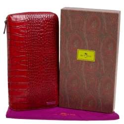 Pre Owned Etro Red Croc Embossed Leather Zip Around Organizer Wallet
