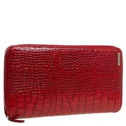 Pre Owned Etro Red Croc Embossed Leather Zip Around Organizer Wallet