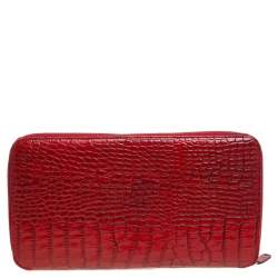 Pre Owned Etro Red Croc Embossed Leather Zip Around Organizer Wallet