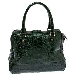 Pre Owned Etro Dark Green Paisley Embossed Leather Pushlock Flap Satchel