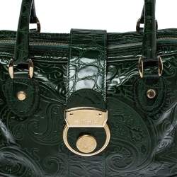 Pre Owned Etro Dark Green Paisley Embossed Leather Pushlock Flap Satchel