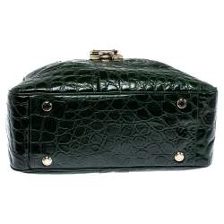 Pre Owned Etro Dark Green Paisley Embossed Leather Pushlock Flap Satchel
