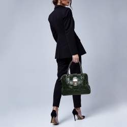 Pre Owned Etro Dark Green Paisley Embossed Leather Pushlock Flap Satchel