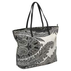 Pre Owned حقيبة يد إيترو سحاب جلد مطبوع بايزلي أبيض و أسود