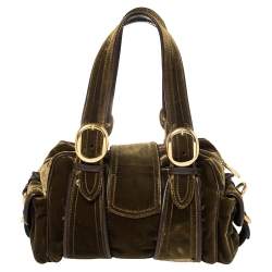 Pre Owned Etro Olive Green Velvet and Leather Buckle Flap Satchel