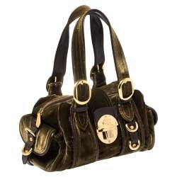 Pre Owned Etro Olive Green Velvet and Leather Buckle Flap Satchel