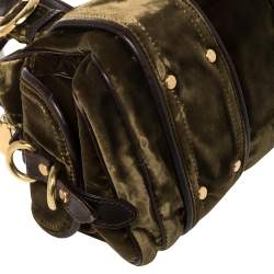 Pre Owned Etro Olive Green Velvet and Leather Buckle Flap Satchel