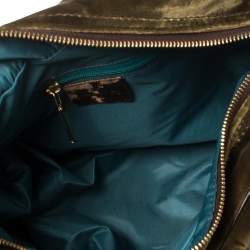 Pre Owned Etro Olive Green Velvet and Leather Buckle Flap Satchel
