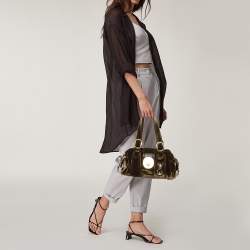 Pre Owned Etro Olive Green Velvet and Leather Buckle Flap Satchel