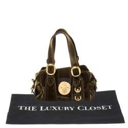 Pre Owned Etro Olive Green Velvet and Leather Buckle Flap Satchel