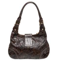 Pre Owned Etro Brown Paisley And Croc Embossed Leather Push Lock Hobo