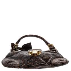 Pre Owned Etro Brown Paisley And Croc Embossed Leather Push Lock Hobo