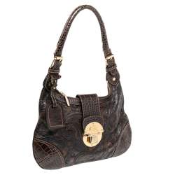 Pre Owned Etro Brown Paisley And Croc Embossed Leather Push Lock Hobo