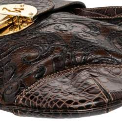 Pre Owned Etro Brown Paisley And Croc Embossed Leather Push Lock Hobo