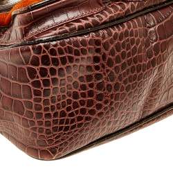 Pre Owned Etro Brown/Orange Croc Embossed Leather And Fur Buckle Flap Shoulder Bag