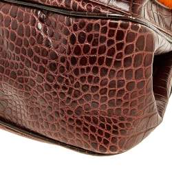 Pre Owned Etro Brown/Orange Croc Embossed Leather And Fur Buckle Flap Shoulder Bag