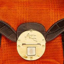 Pre Owned Etro Brown/Orange Croc Embossed Leather And Fur Buckle Flap Shoulder Bag