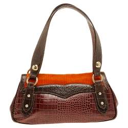 Pre Owned Etro Brown/Orange Croc Embossed Leather And Fur Buckle Flap Shoulder Bag