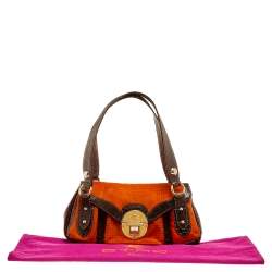 Pre Owned Etro Brown/Orange Croc Embossed Leather And Fur Buckle Flap Shoulder Bag