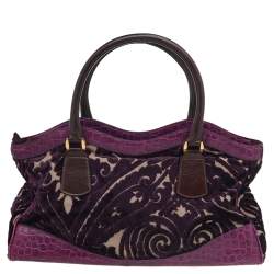 Pre Owned Etro Tri-colored Croc Embossed Leather And Velvet Satchel
