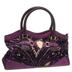 Pre Owned Etro Tri-colored Croc Embossed Leather And Velvet Satchel