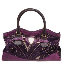 Pre Owned Etro Tri-colored Croc Embossed Leather And Velvet Satchel
